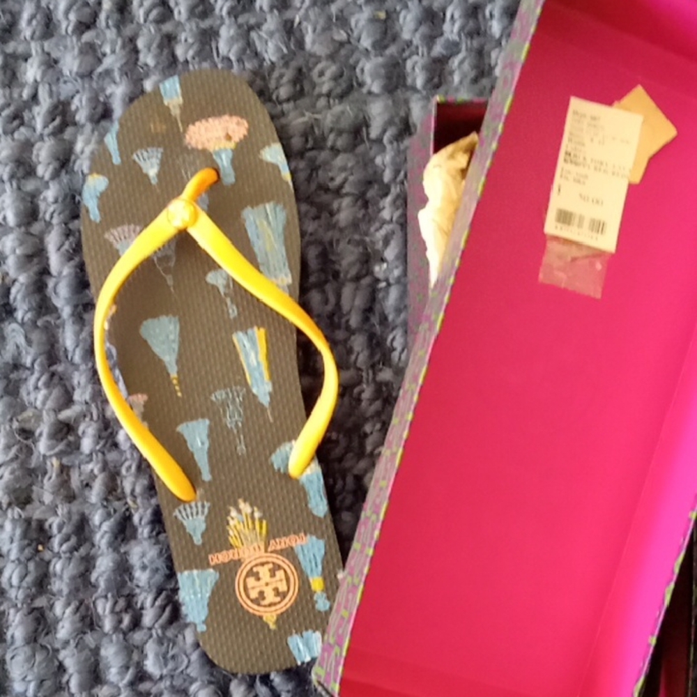 Tory Burch Women Flip Flops - Yellow Strap with Blue Pattern
